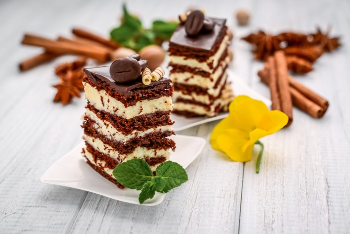 Chocolate layered cakes with coffee beans and mint