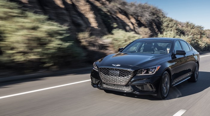 Black Genesis G80 Sport US-spec Sedan in Motion