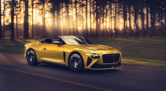Yellow Bentley Mulliner Bacalar Roadster in Motion