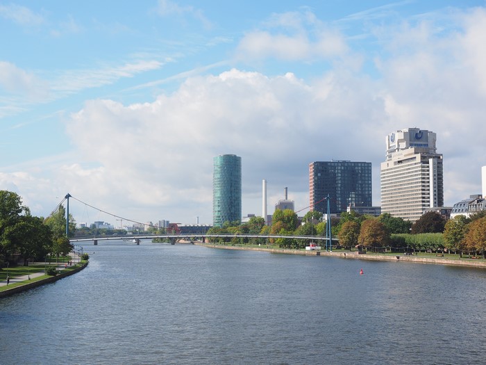 Main River with Bridges and Skyscrapers in Frankfurt, Germany