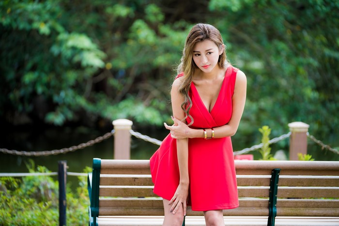 4K Asian Woman in Red Dress with Bokeh