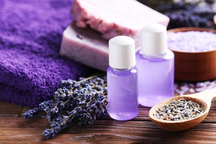 Lavender spa products with soap and oil