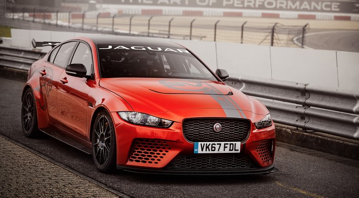 Red Jaguar XE SV Project 8 Sedan on Track