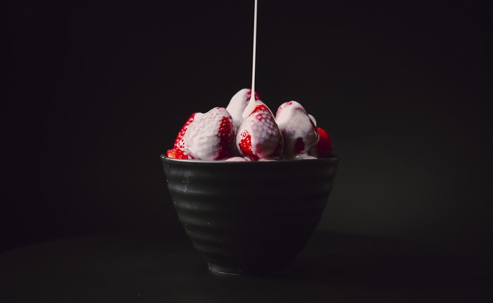 Strawberries with Cream in a Bowl