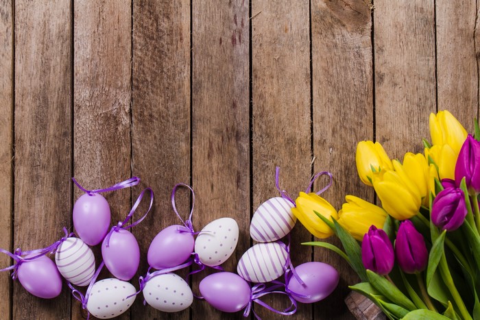 Easter Tulips and Eggs on Wood Planks