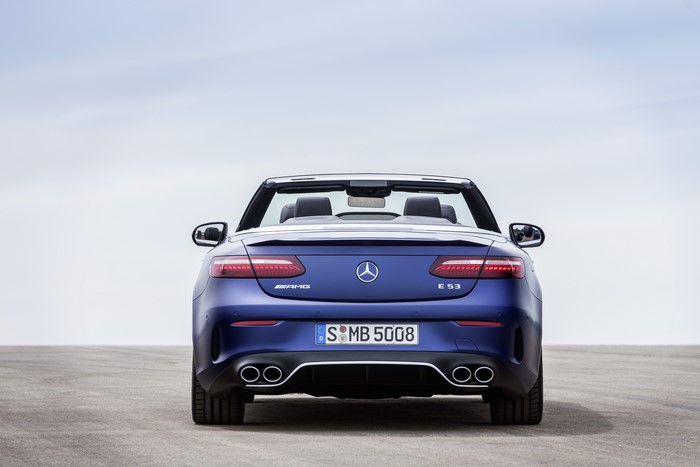 Blue Mercedes-Benz E 53 AMG Cabriolet rear view