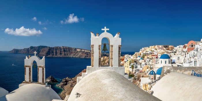 Santorini, Greece: White Churches and Aegean Sea