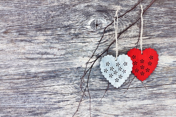 Two heart ornaments on a branch