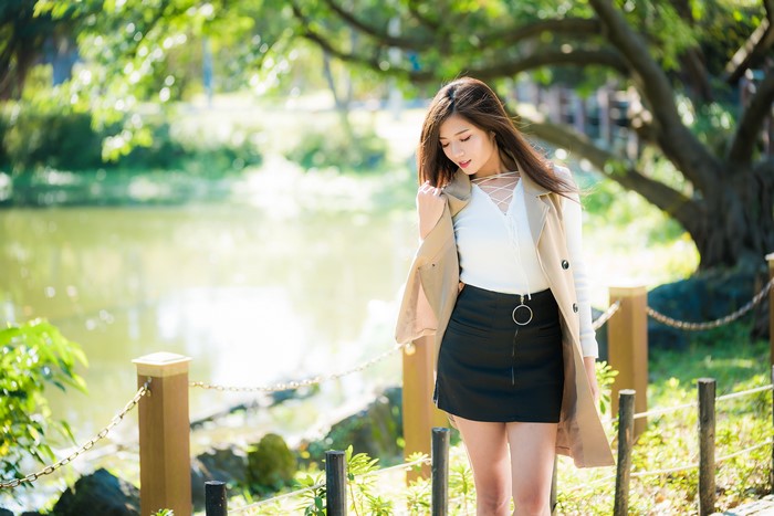 4K Asian Woman in Trench Coat by Lake