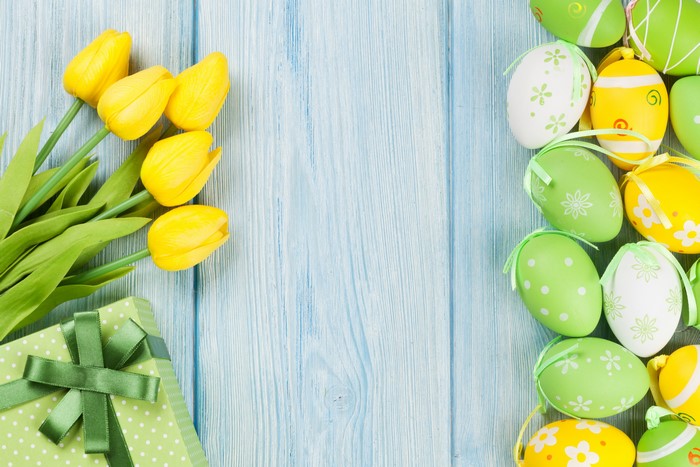 Easter Tulips and Eggs on Wood Planks