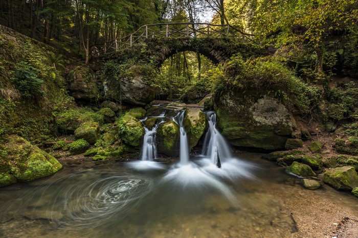 4K Luxembourg Forest Waterfall with Arch Bridge