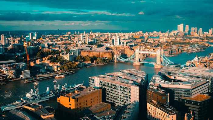 London skyline with Tower Bridge and River Thames from above