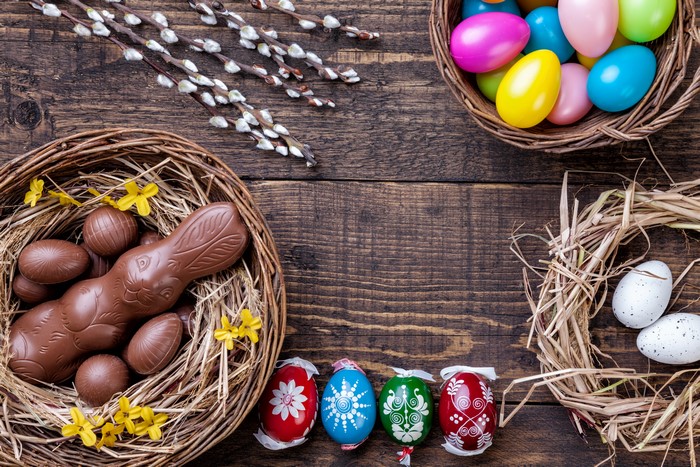 Easter chocolate bunny and eggs in nests with pussy willows