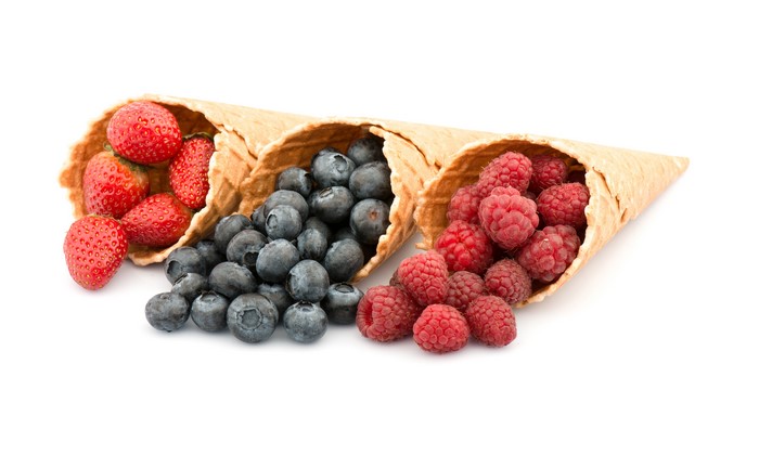 Strawberries, Blueberries, and Raspberries in Ice Cream Cones