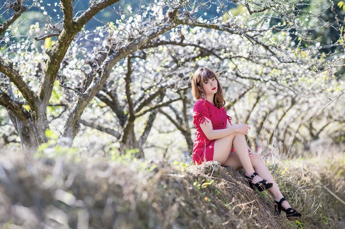 Asian Woman Sitting Among Flowering Trees