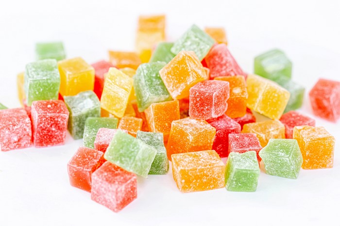 Pile of colorful cube-shaped marmalade candies