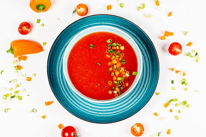 Gazpacho soup with vegetables on a plate