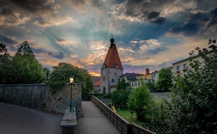 Tower in Freistadt, Austria at sunset with dramatic clouds