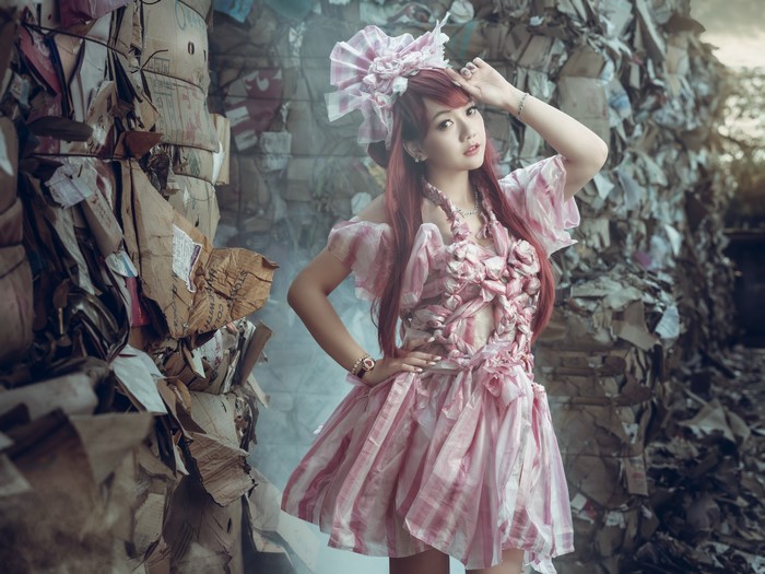4K Portrait of Redhead Asian Girl in Dress