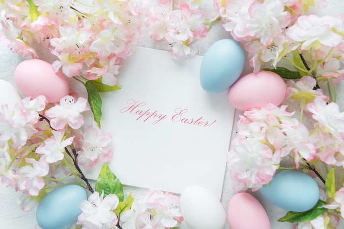 Easter eggs and flowers with "Happy Easter!" greeting