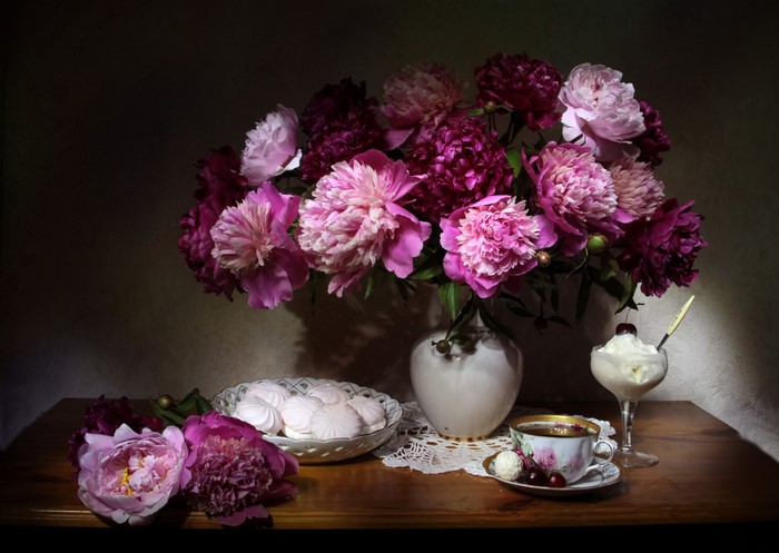 Still-life with peonies, zefir, ice cream, and tea