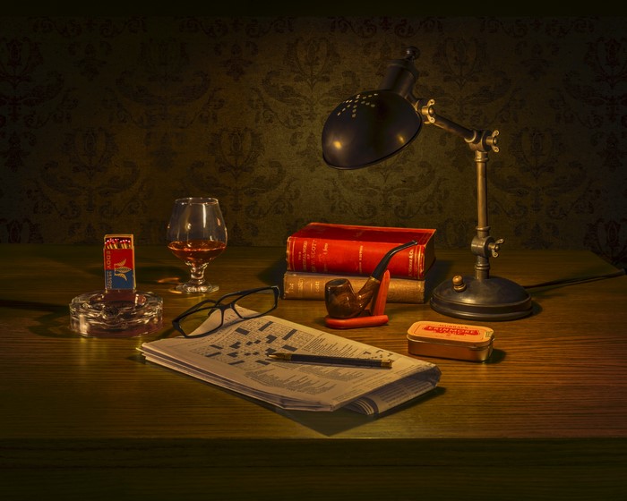 Still-life with pipe, books, and lamp