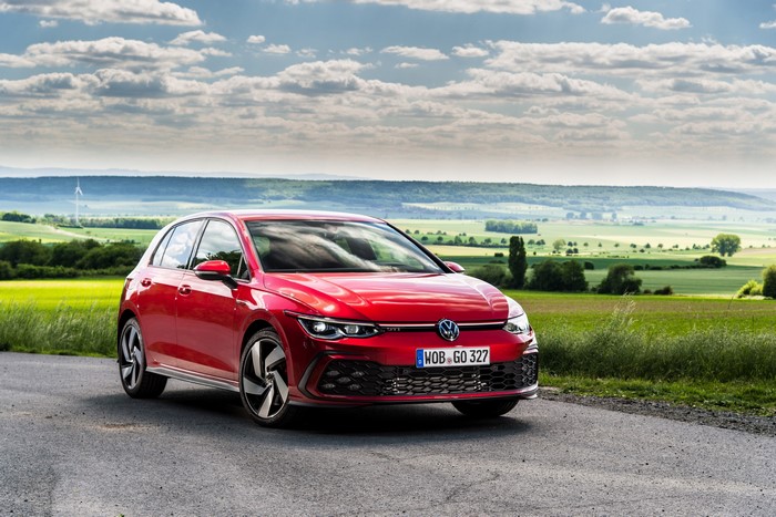 Red 2020 Volkswagen Golf GTI on a road
