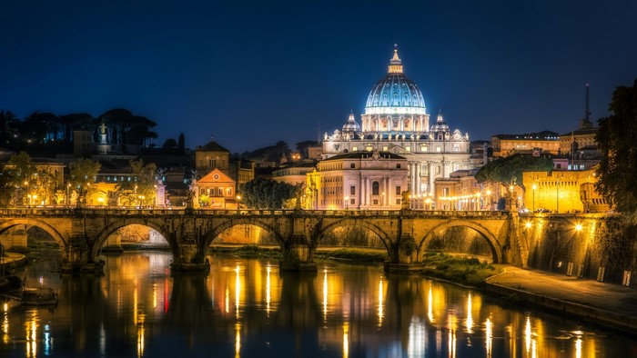 St. Peter's Basilica and Ponte Sant'Angelo at Night, Rome