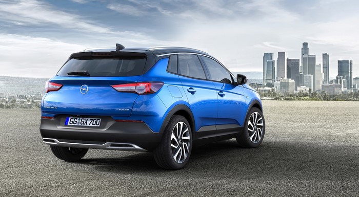 Blue Opel Grandland X Turbo Crossover from the back