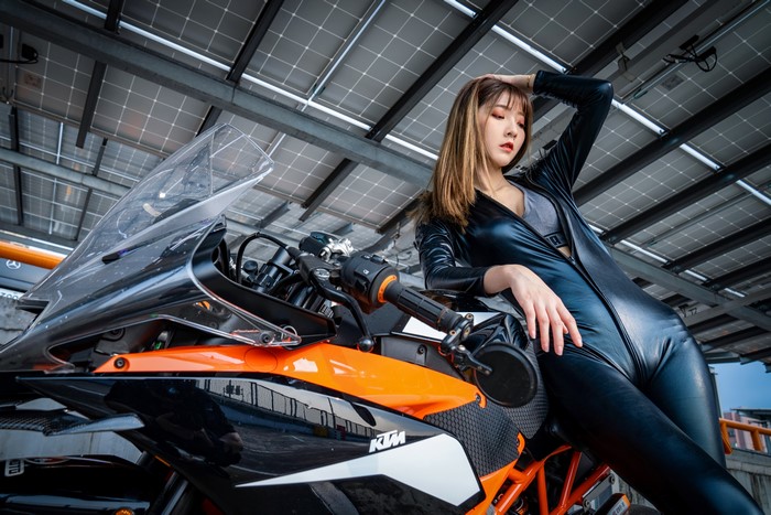 4K KTM Motorcycles with Woman in Latex Outfit