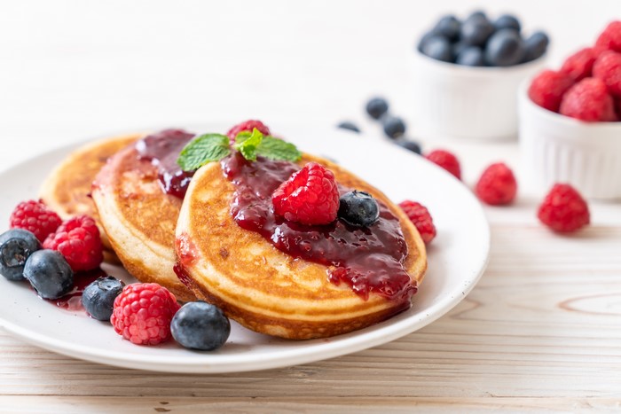 Pancakes with Jam, Raspberries, and Blueberries