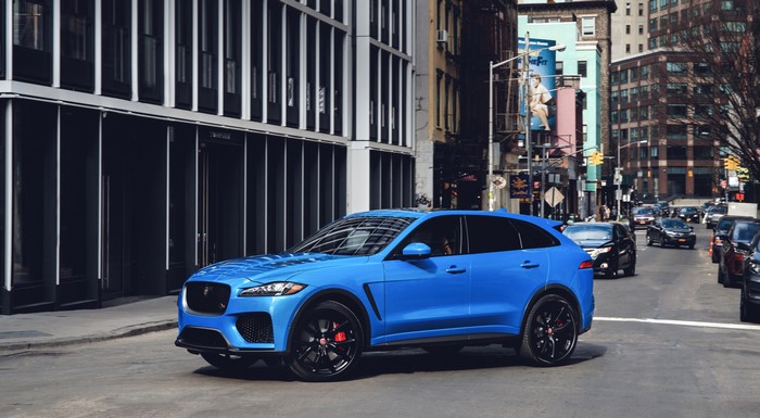 Blue Jaguar F-Pace SVR on a City Street