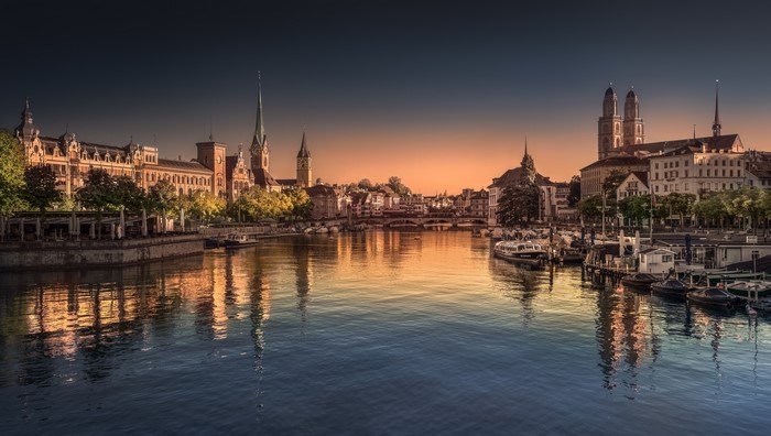 Zurich panorama with Limmat river and bridges at sunset