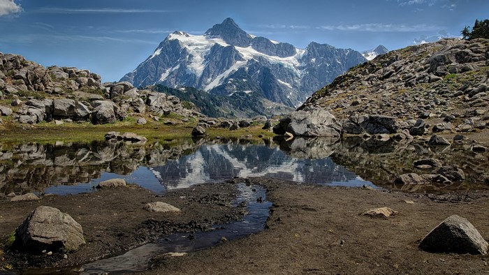 Mount Shuksan reflected in a mountain lake, Whatcom County, USA