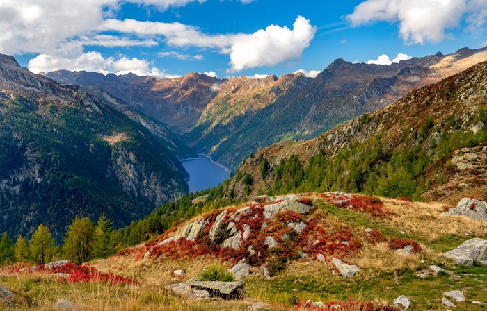 Sambuco Reservoir in Ticino, Switzerland Alps Mountains