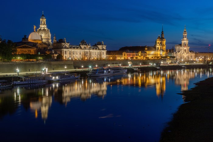 Dresden waterfront at night with Elbe river and Bruhl's Terrace