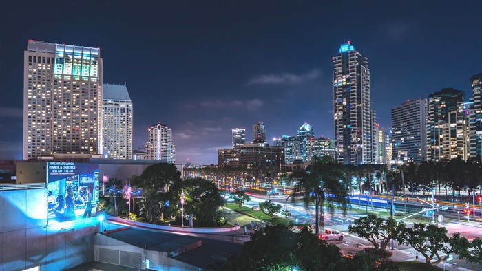 San Diego skyline at night, California, USA