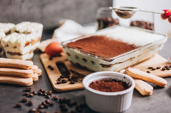 Tiramisu dessert with ladyfingers and cocoa powder