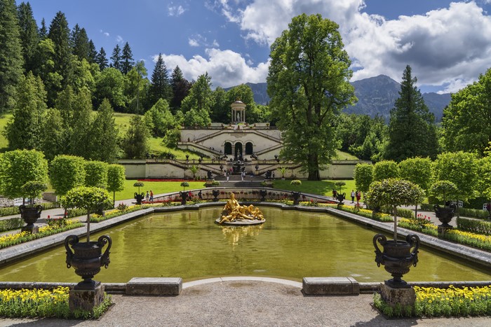 Linderhof Palace park pond with sculpture and stairs