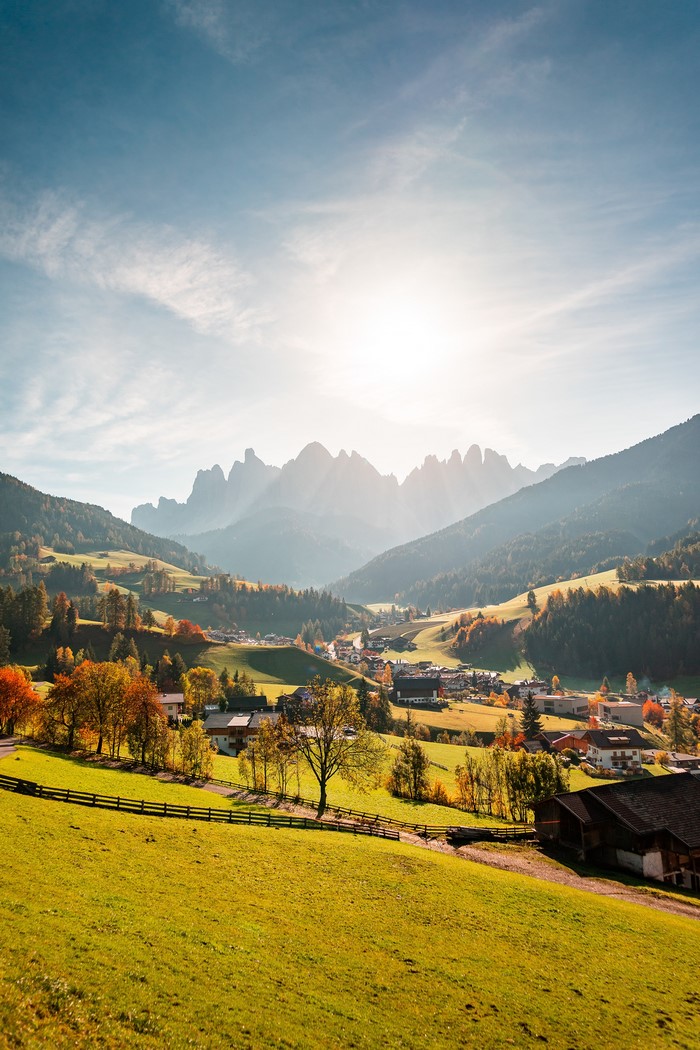 Autumn valley village in the Italian Dolomites