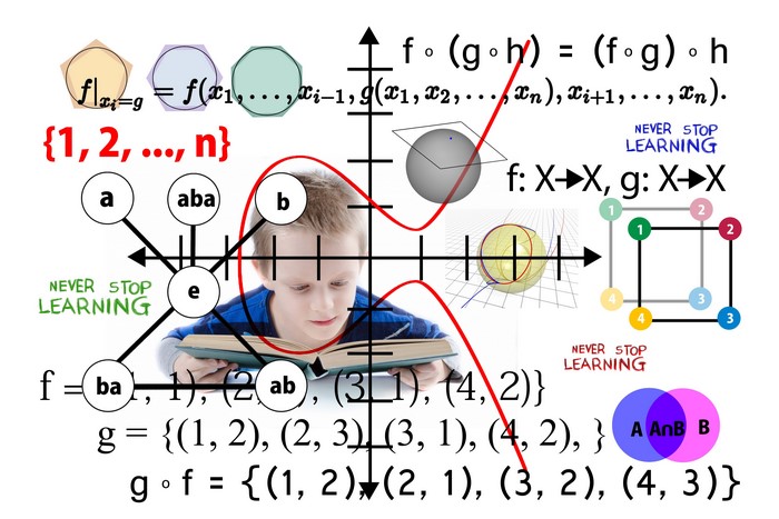 Mathematical formulas and diagrams with a boy reading a book