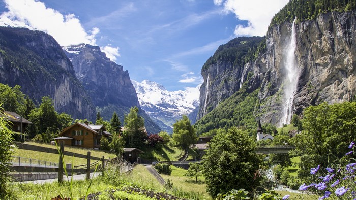 Lauterbrunnen Village with Staubbach Waterfall and Alps