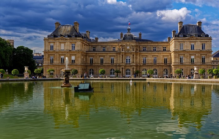 Luxembourg Gardens Pond with Palace and Fountain in Paris