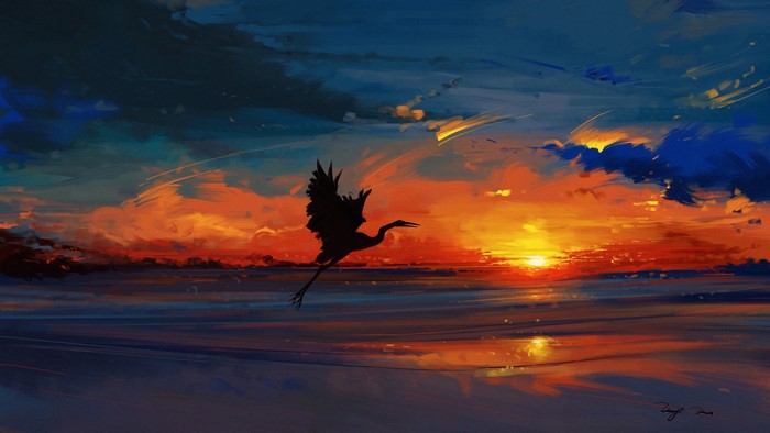 Painting of a stork flying at sunset