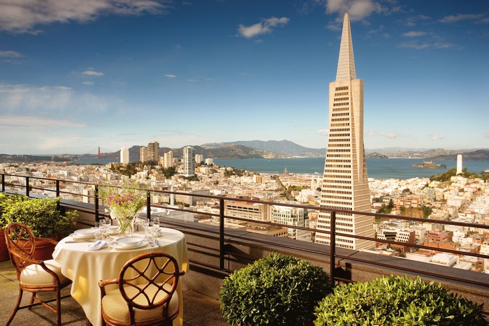 San Francisco cityscape with Transamerica Pyramid and Golden Gate Bridge