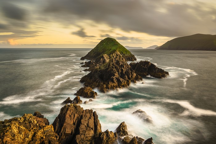 Rocky coast of Kerry, Ireland at sunset