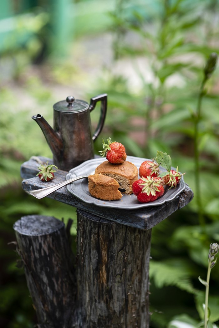 Kettle and cake with strawberries on a stump