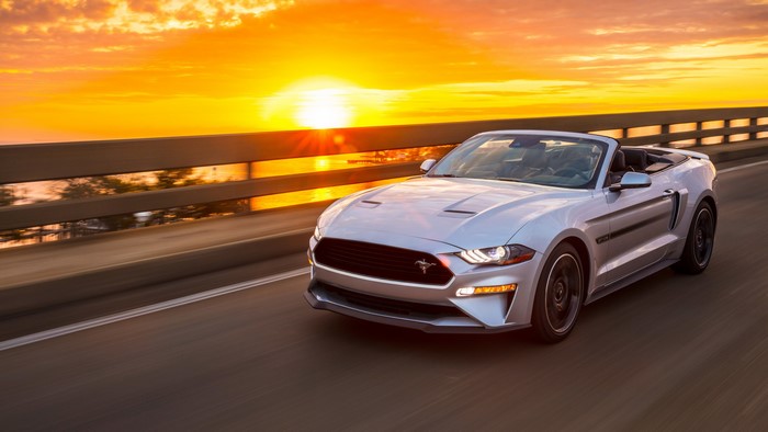 Silver Ford Mustang GT Convertible at Sunset