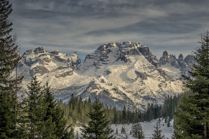 Snow-covered Brenta Dolomites mountains in Italy