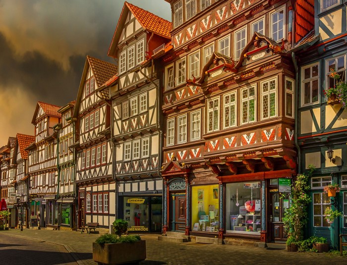 Half-timbered houses on a street in Bad Sooden-Allendorf, Germany